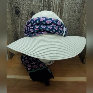 Falls Creek Womens White Paper Straw Sun Hat  One Size With Blue  & Pink Scarf